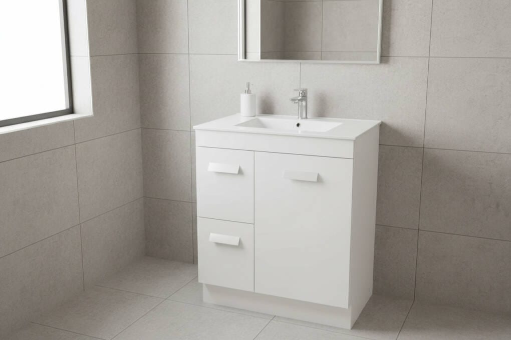 Budget bathroom vanity with integrated basin and chrome tapware in a modern Perth bathroom