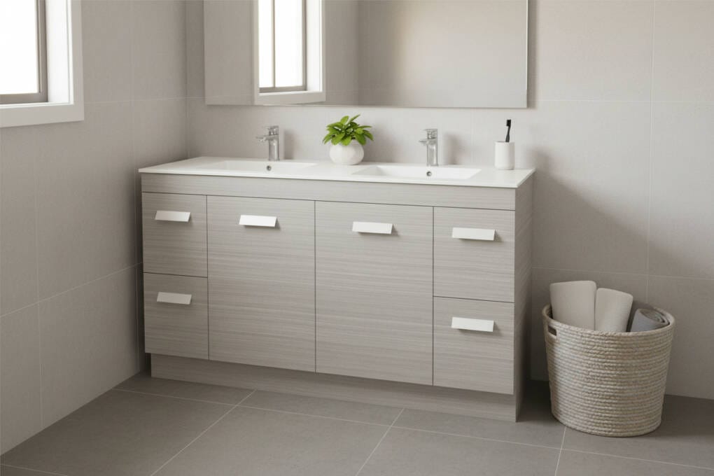 Cheap double bathroom vanity with twin basins and modern storage cabinets