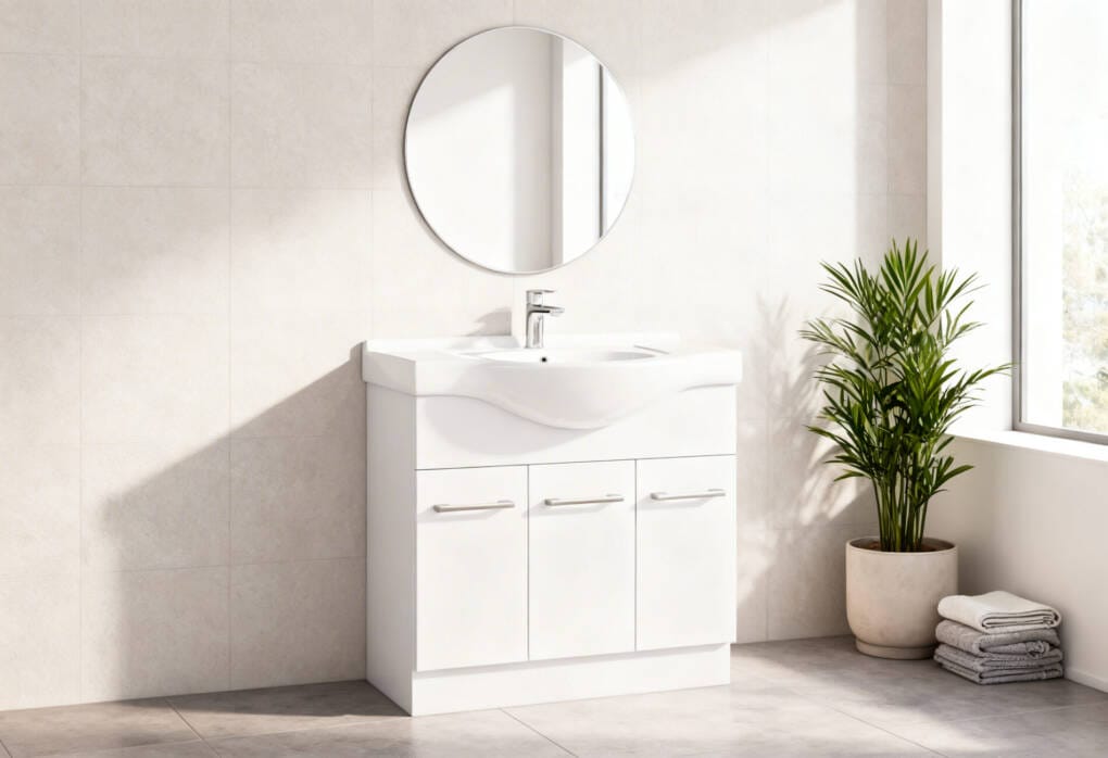 Affordable single bathroom vanity with drawers and cupboard storage in a contemporary bathroom