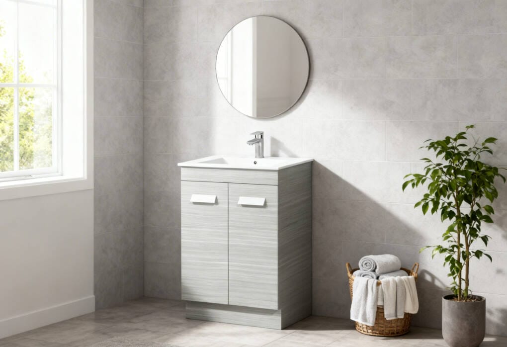 Compact grey bathroom vanity with integrated basin in a small modern bathroom