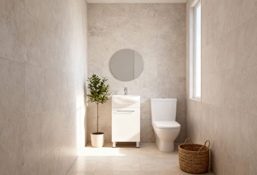 Small powder room vanity with basin and round mirror in a narrow bathroom
