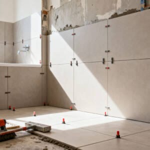 Bathroom tiles being installed on floor and walls during a bathroom renovation in Perth