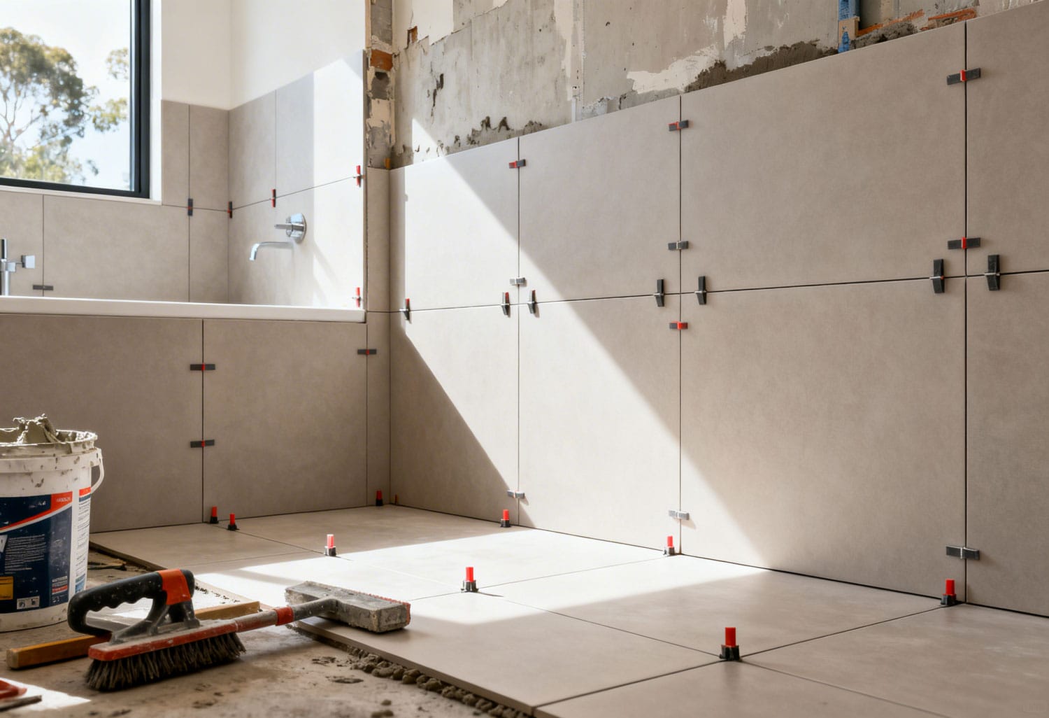 Bathroom tiles being installed on floor and walls during a bathroom renovation in Perth