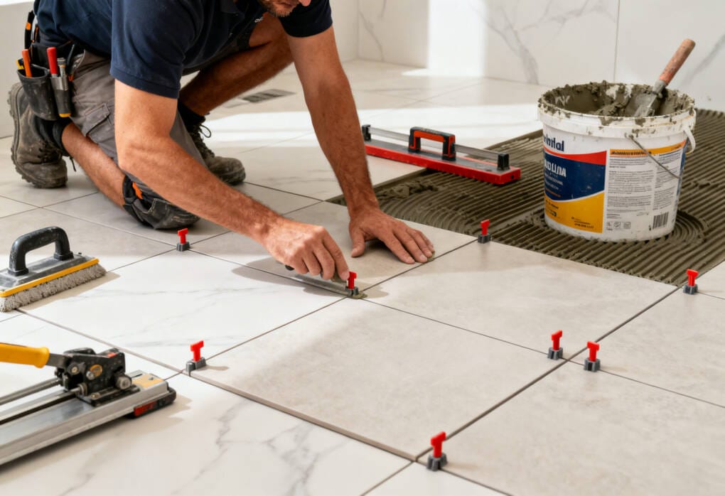 Close-up of bathroom floor tile installation showing adhesive and tile levelling system