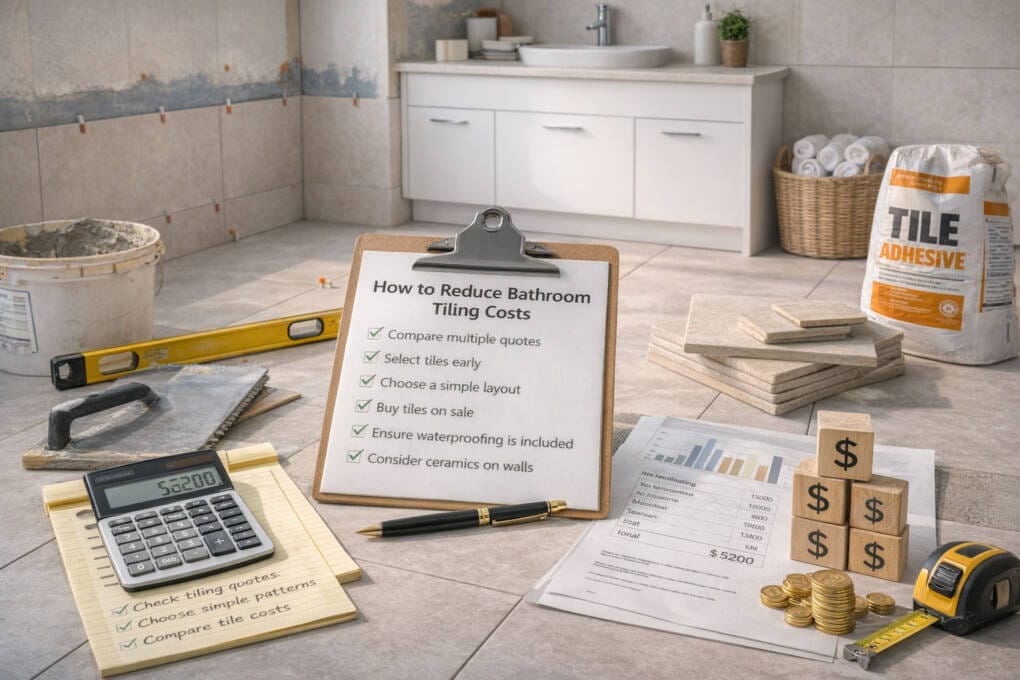 Tips for reducing bathroom tiling costs during a Perth bathroom renovation with tiles, tools and tiling quote comparison