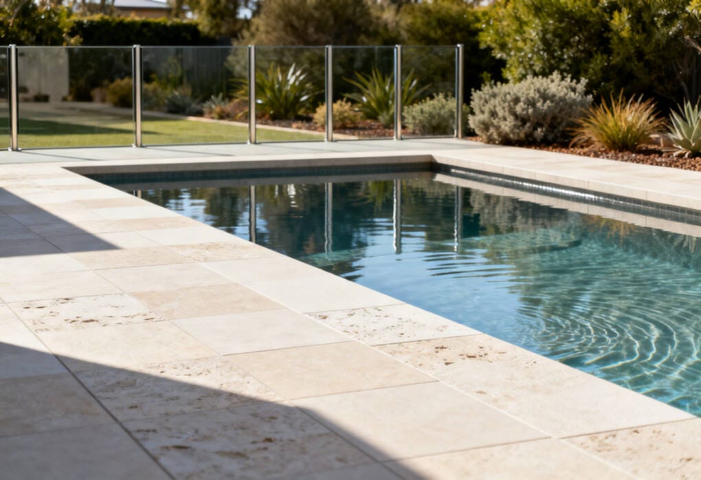 Light coloured porcelain outdoor tiles used around a modern Perth backyard swimming pool
