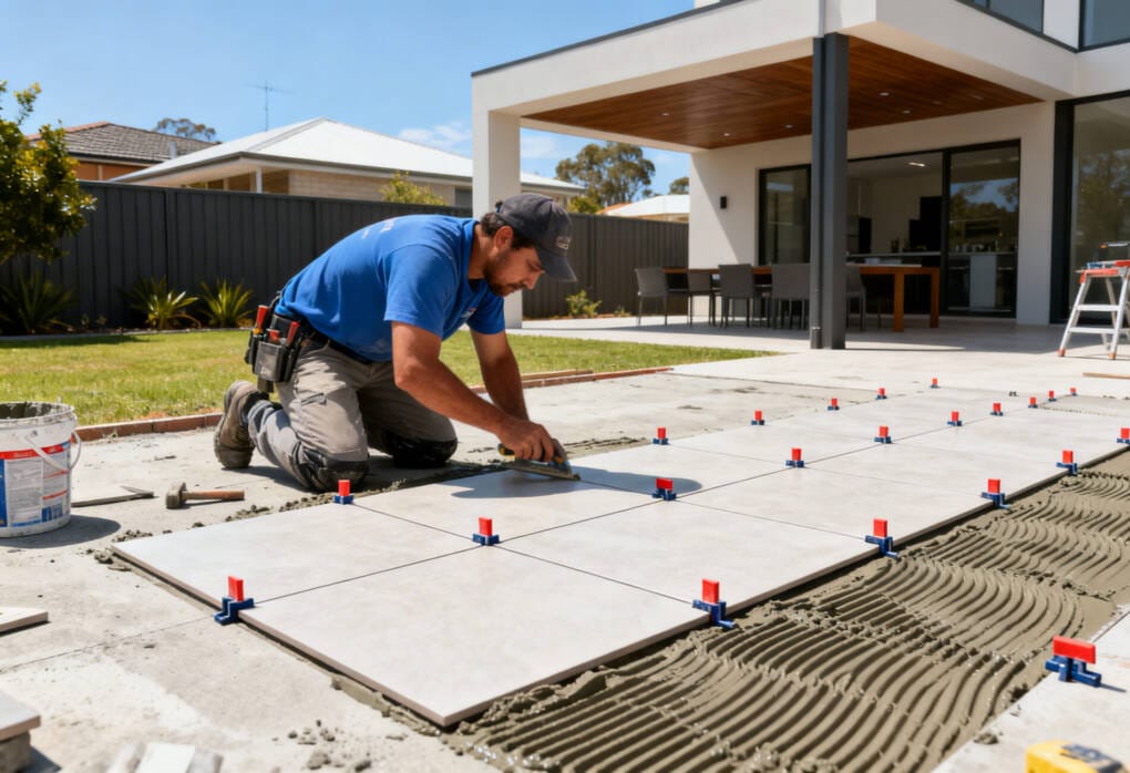 Professional tiler installing large format outdoor porcelain tiles on a concrete slab patio