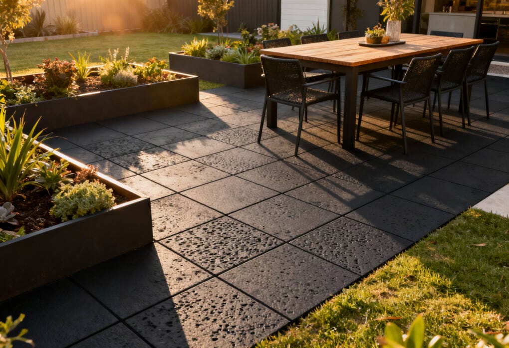 Outdoor entertaining patio paved with masonry pavers in a landscaped backyard