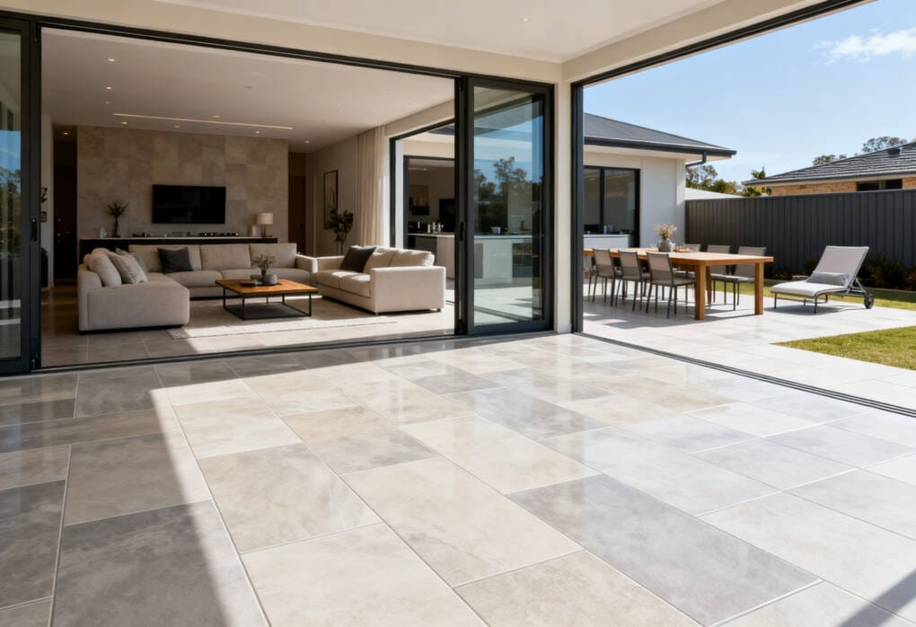 Modern Perth home with seamless indoor outdoor porcelain tiles connecting living room to alfresco patio