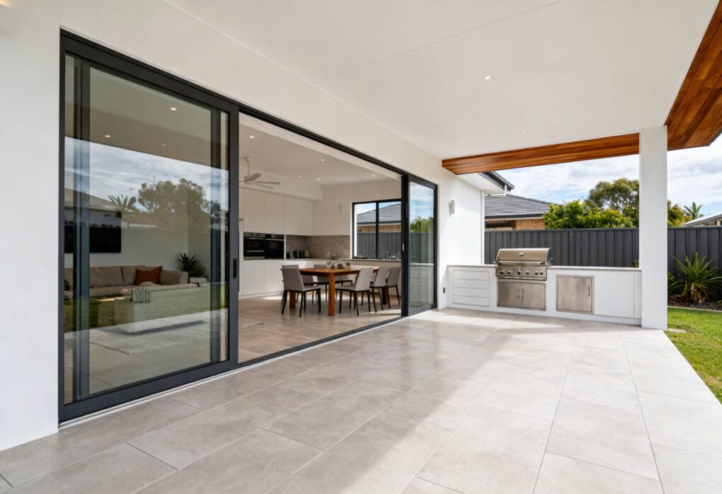 Contemporary Perth alfresco entertaining area finished with large format outdoor porcelain tiles
