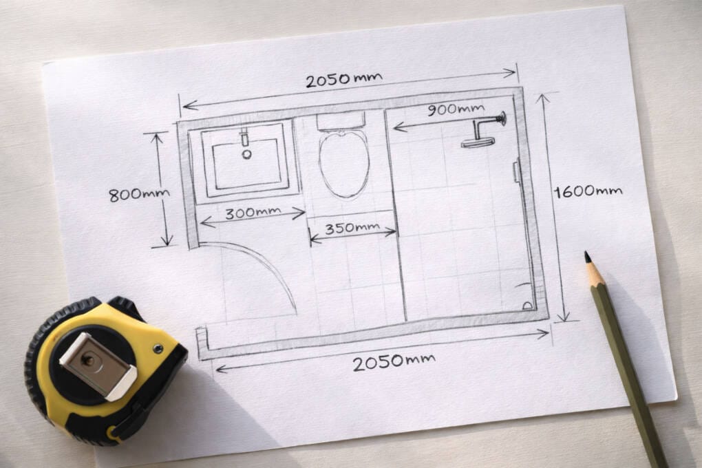 Bathroom floor plan sketch with measurements showing fixture layout planning for a Perth renovation