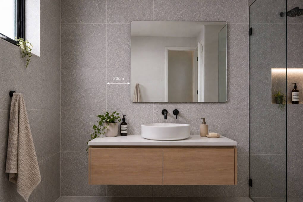 Bathroom mirror installed off-centre above a vanity as a result of unsupervised installation