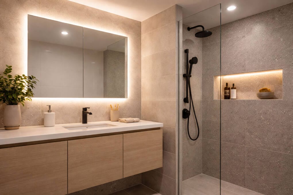 Modern Perth bathroom showing layered ambient task and accent lighting around a vanity and shower niche