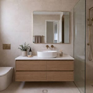 Renovated Perth bathroom with warm neutral tiles and brushed gold tapware showing the result of avoiding common renovation mistakes