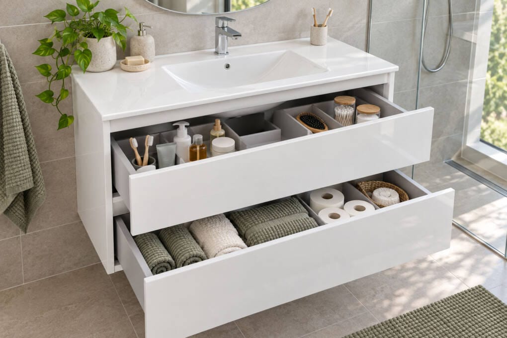 Two open vanity drawers holding toiletries and towels in an affordable bathroom vanity
