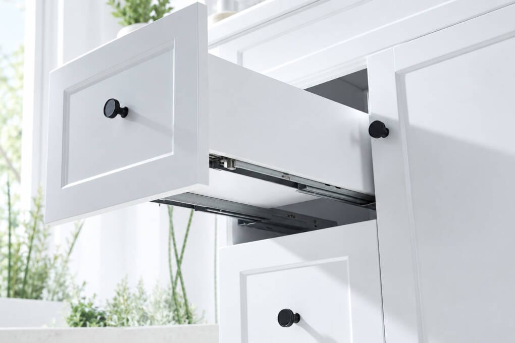 Soft-close drawer runner and concealed hinge on a budget bathroom vanity