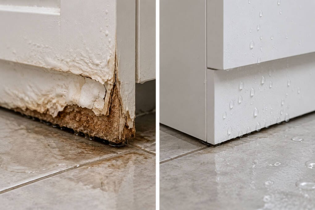 Water-swollen MDF vanity base beside an undamaged PVC cabinet edge with water beading on the surface