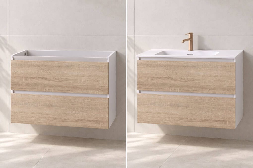 Bathroom vanity cabinet on its own beside the same vanity with a matching top and integrated basin