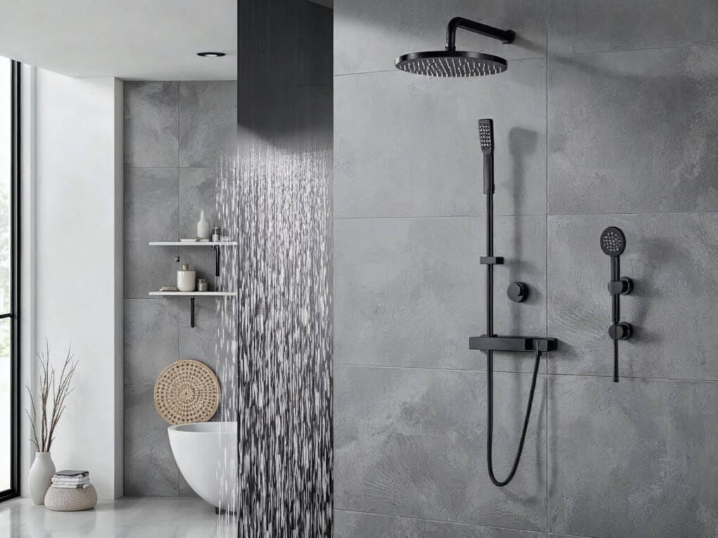 Wall-mounted round shower head with twin shower set in a grey tiled modern bathroom