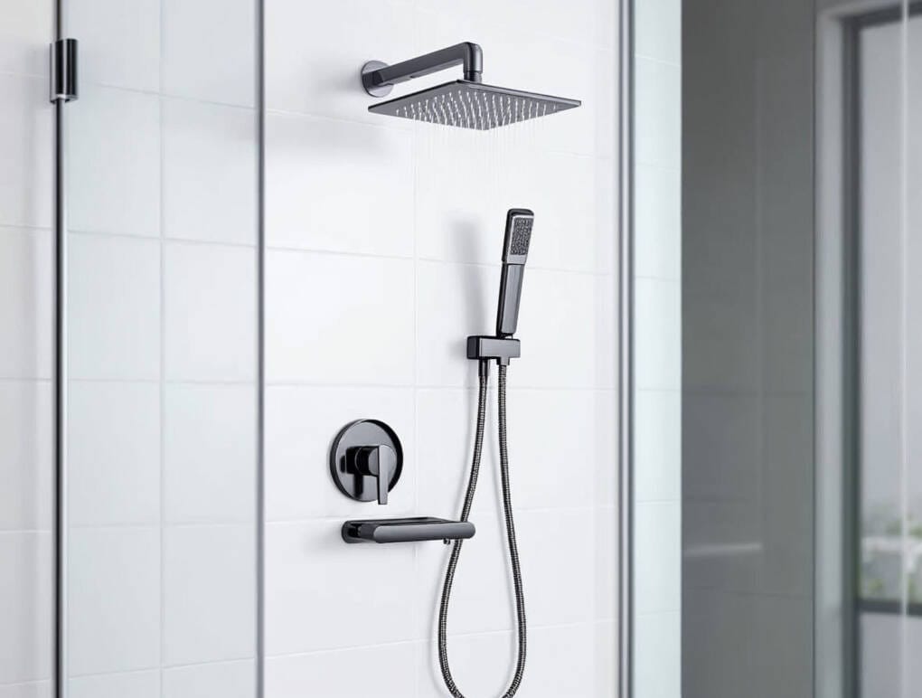 Wall-mounted square shower head with handheld shower in a modern white tiled bathroom