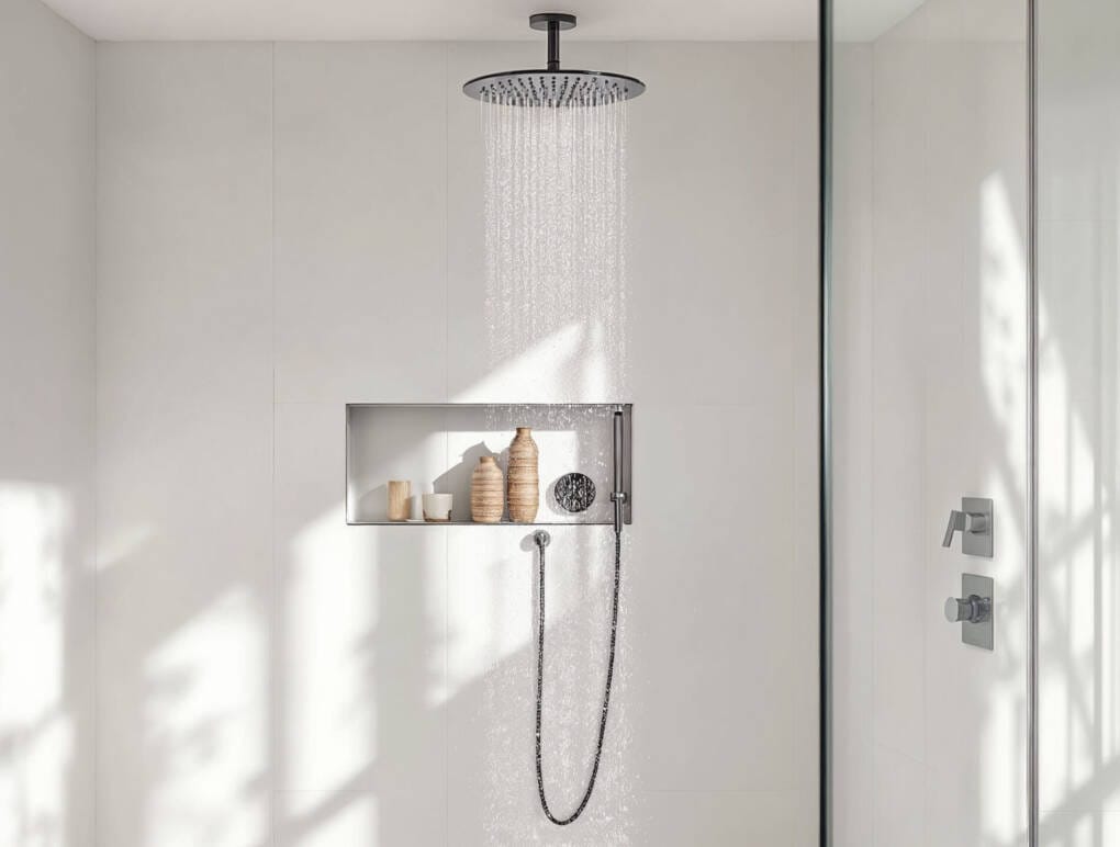 Round ceiling-mounted rain shower head in a bright walk-in shower with recessed wall niche