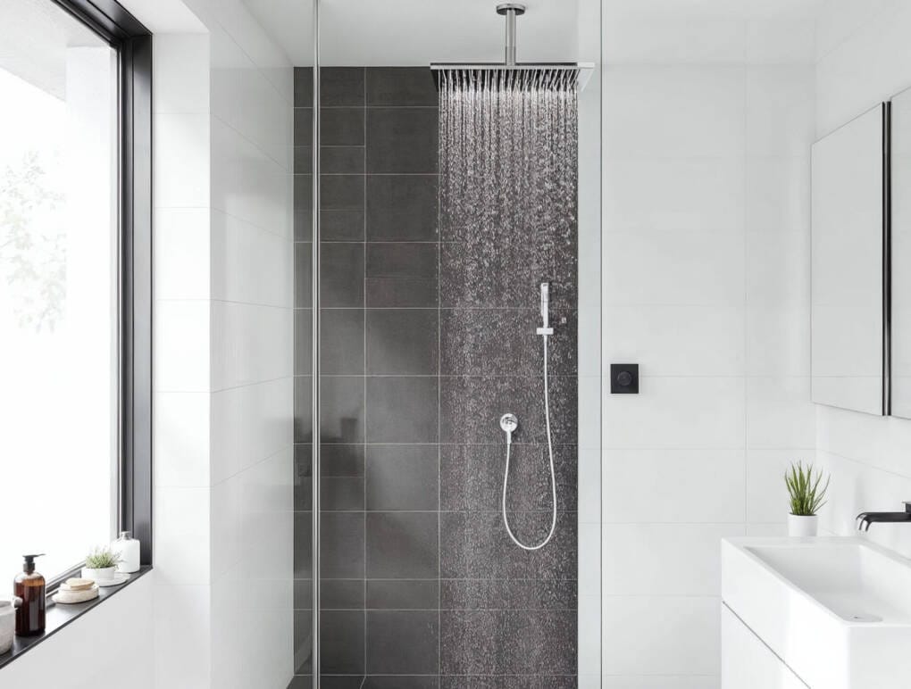 Ceiling-mounted square rain shower head in a modern bathroom with glass shower screen and dark feature tiles