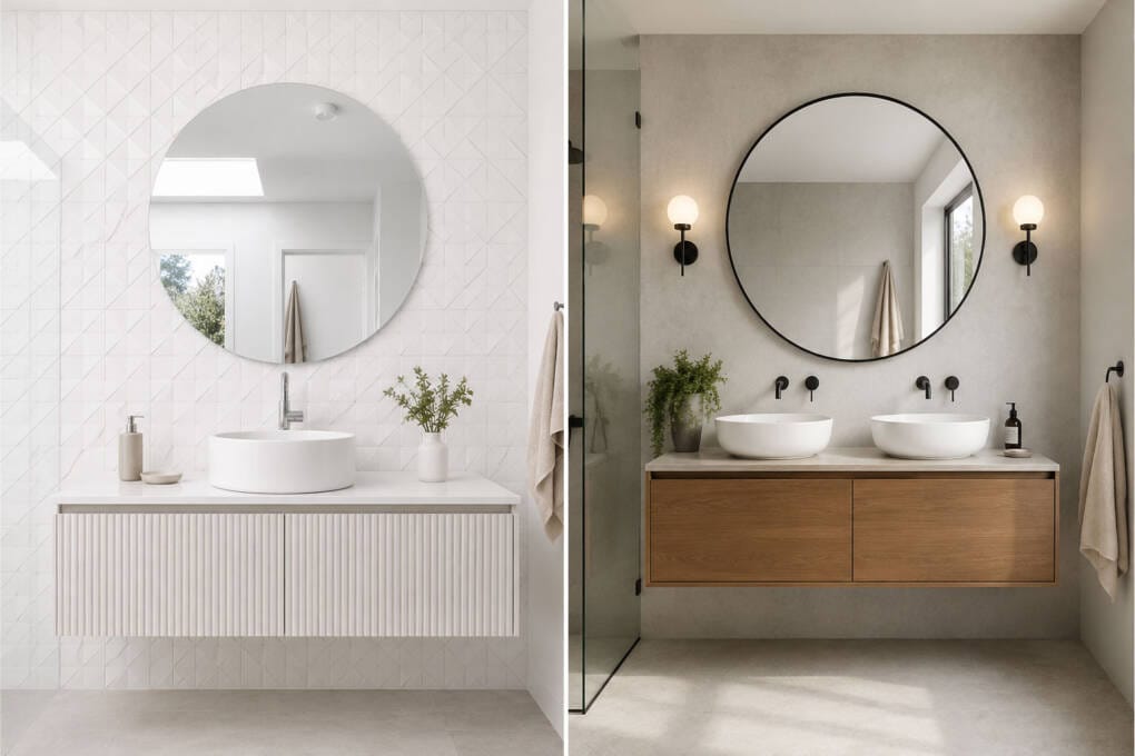 Split-screen bathroom comparison showing a round frameless mirror and a round black framed mirror above modern vanities