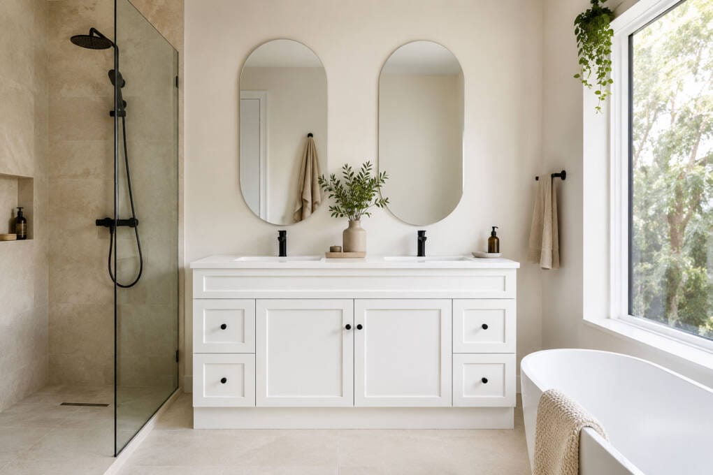 Modern bathroom with double pill-shaped frameless mirrors, white vanity, black tapware and warm neutral tiles