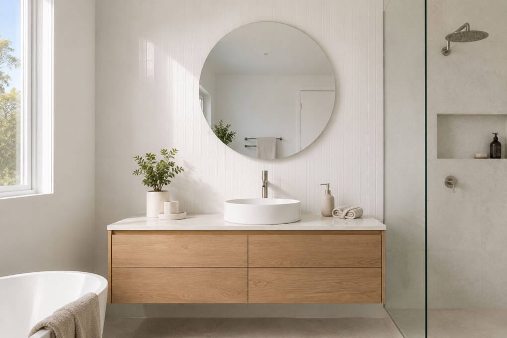 Modern Australian bathroom with a round frameless mirror, timber vanity, white tiles and natural light