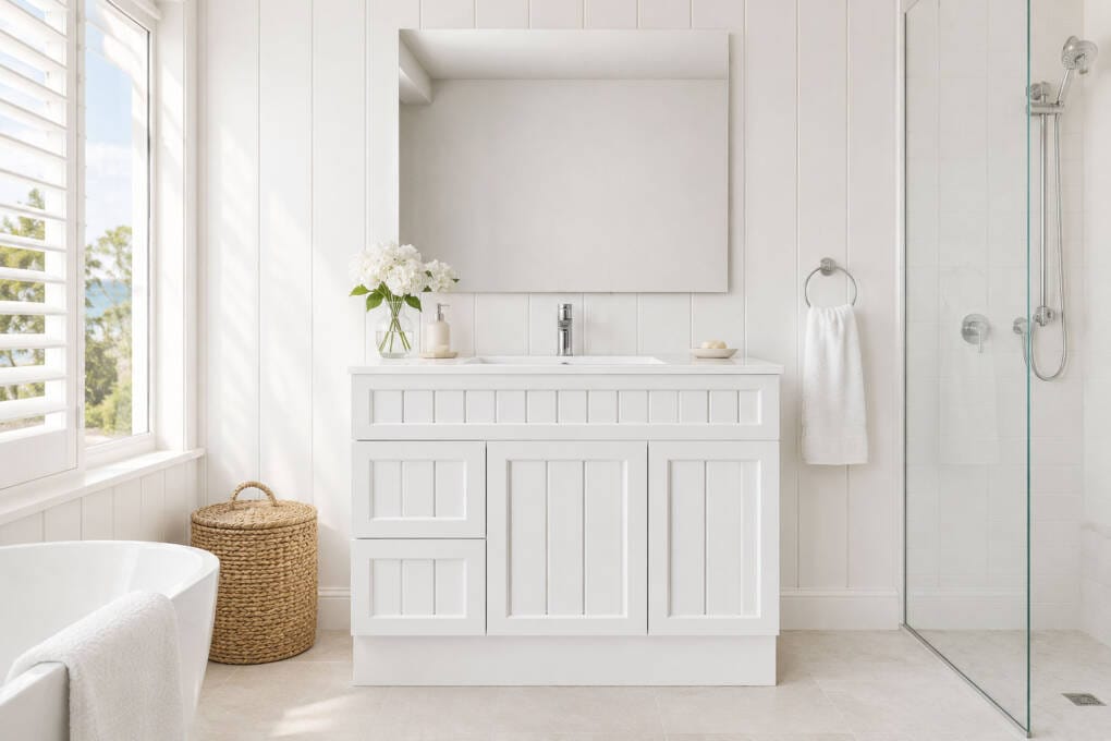 Hamptons style bathroom with a rectangular frameless mirror, white vanity, shaker cabinetry and bright natural light
