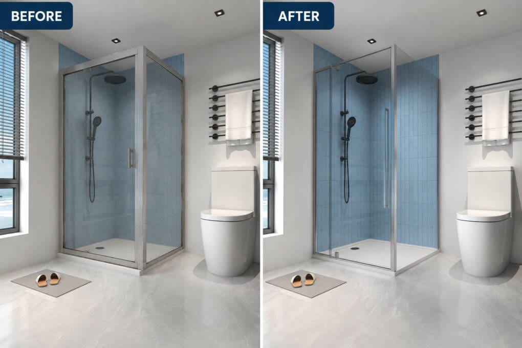 Before and after shower screen replacement showing the same bathroom with an old framed screen and a new semi-frameless screen