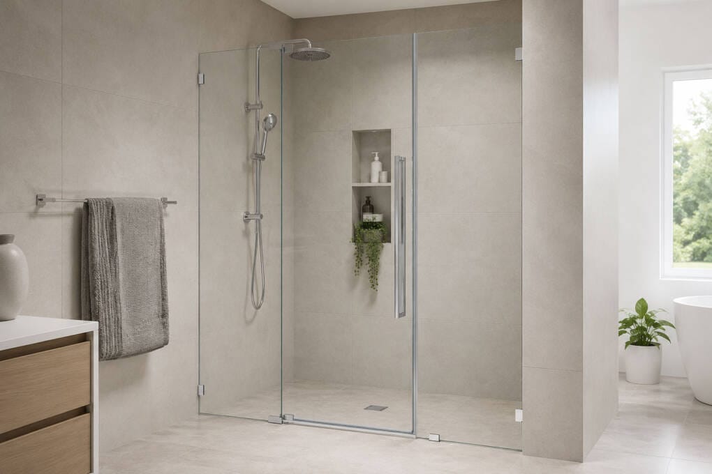 Frameless replacement shower screen fitted neatly between tiled walls in a modern bathroom opening