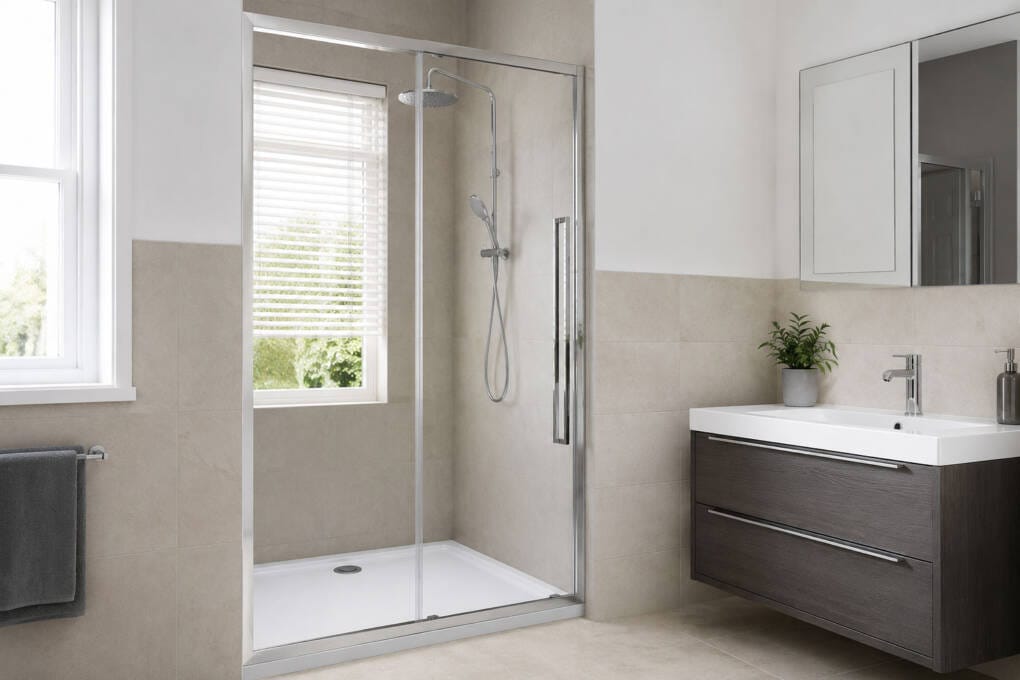 Newly installed chrome framed shower screen in an existing tiled bathroom after a simple replacement refresh