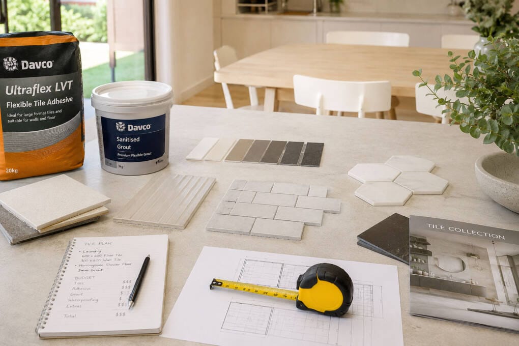 Home renovation planning scene with tile samples, grout, adhesive, tape measure and straight-lay tile layout