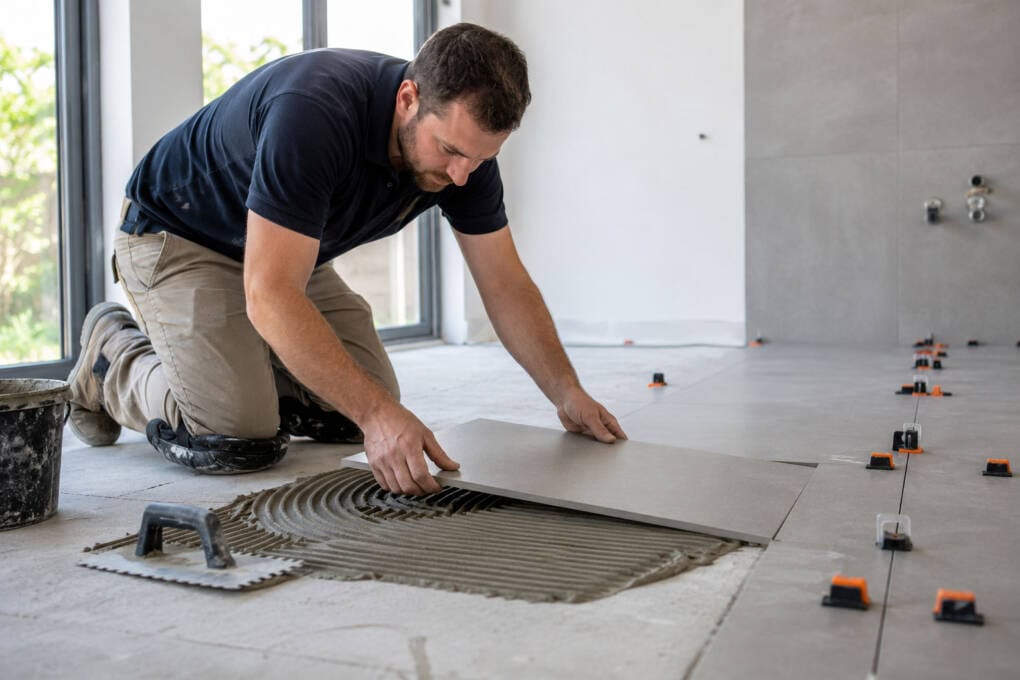Professional tiler laying large-format floor tiles with adhesive, trowel, spacers and levelling clips
