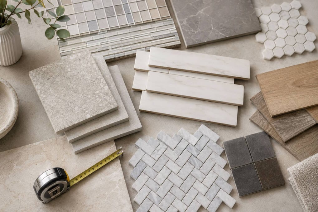Flat lay of ceramic, porcelain, stone-look, timber-look and mosaic tile samples with tape measure