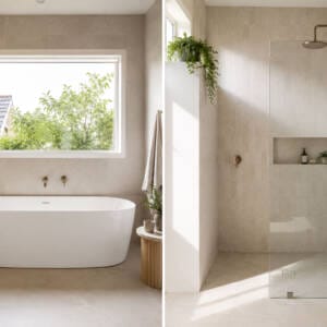 Split-screen bathroom comparison showing a back-to-wall bath on one side and a walk-in shower on the other
