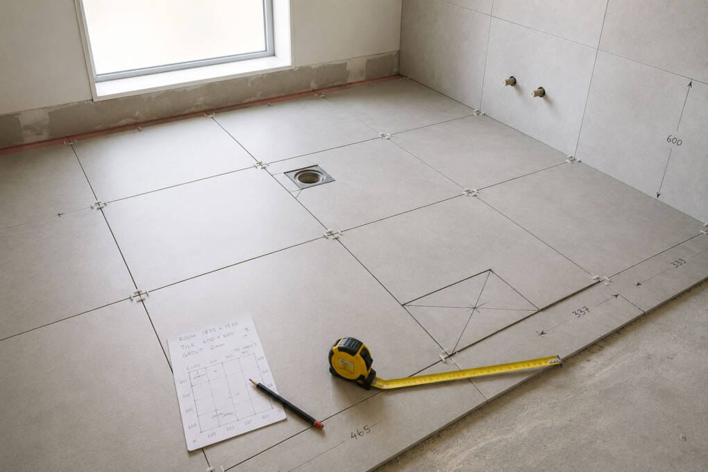 Bathroom floor dry-lay tile layout with spacers, tape measure and pencil marks for balanced cut planning