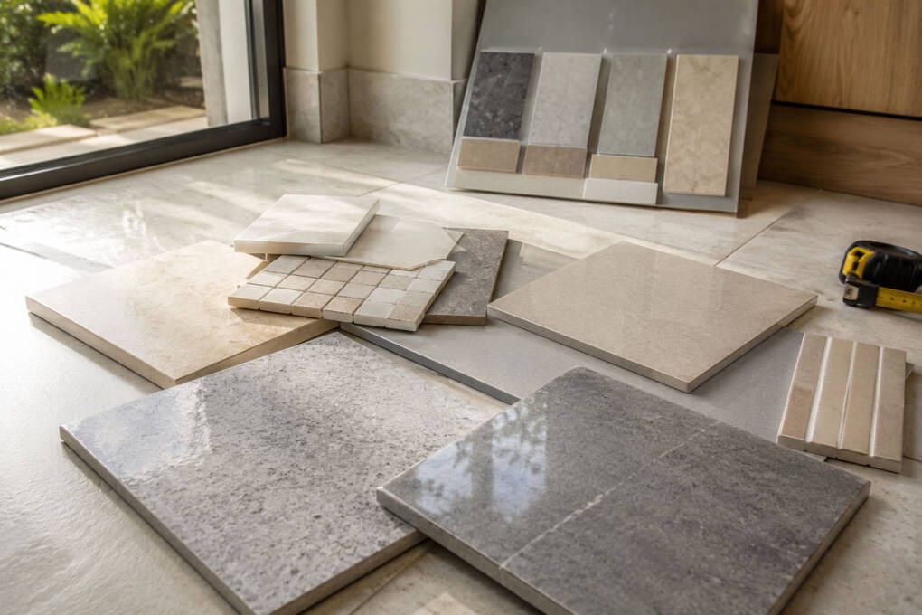 Tile samples placed near a window in natural light showing warm neutral, grey, matte and polished finishes