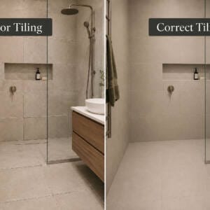 Split-screen bathroom comparison showing poor tiling with uneven grout lines beside correct tiling with a neat professional finish