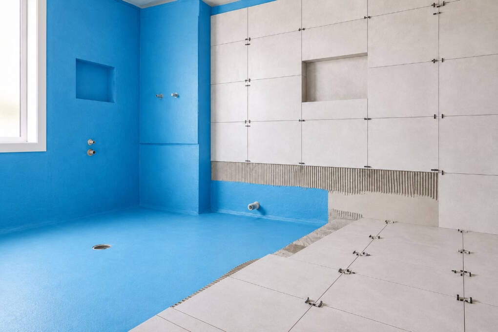 Bathroom renovation with waterproofing membrane, clean substrate preparation and partially tiled walls before tiling is completed