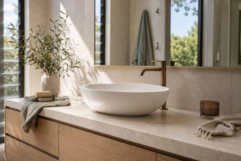 Above counter basin on a modern bathroom vanity showing a statement vessel basin with a tall tap.