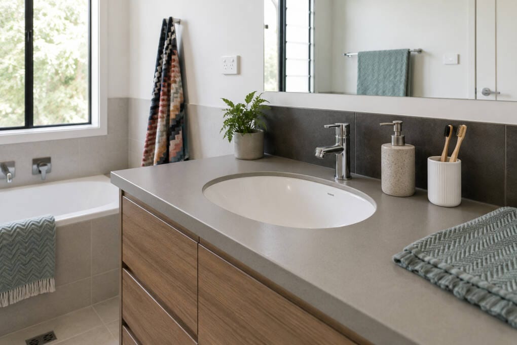 Modern inset basin in a family bathroom vanity showing a low-profile easy-clean basin design.