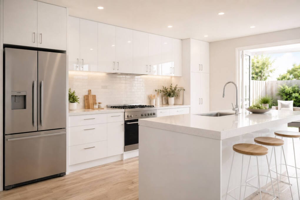 Gloss white kitchen cabinets in a bright modern Perth kitchen