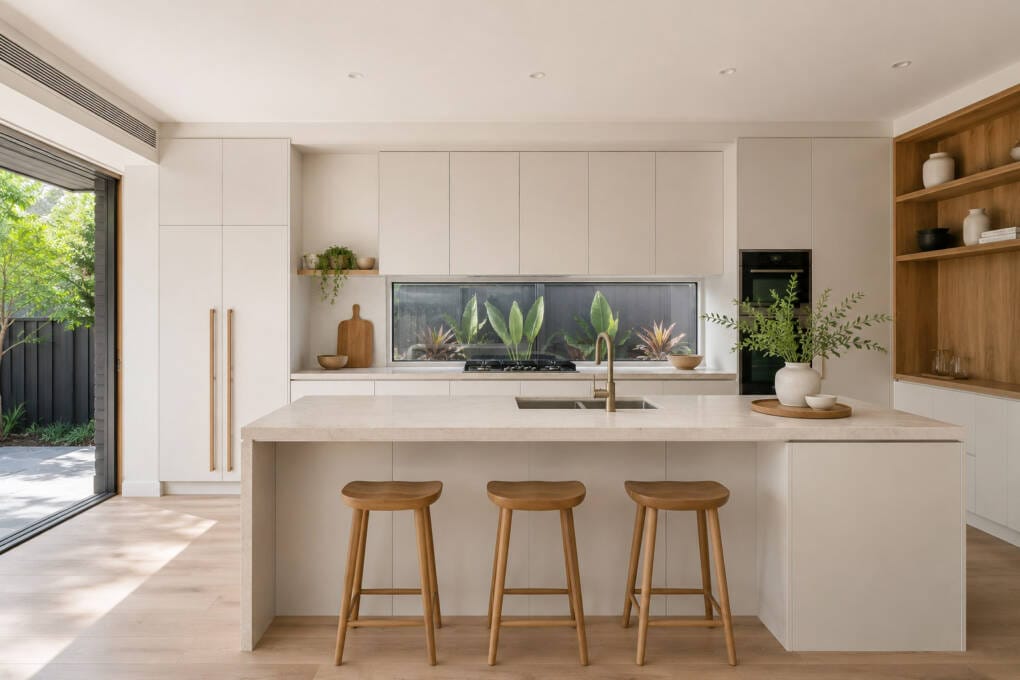 Matte white kitchen cabinets in a spacious modern kitchen