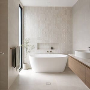 Feature tiles used on one focal wall in a modern Perth bathroom