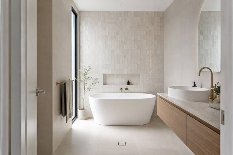 Feature tiles used on one focal wall in a modern Perth bathroom