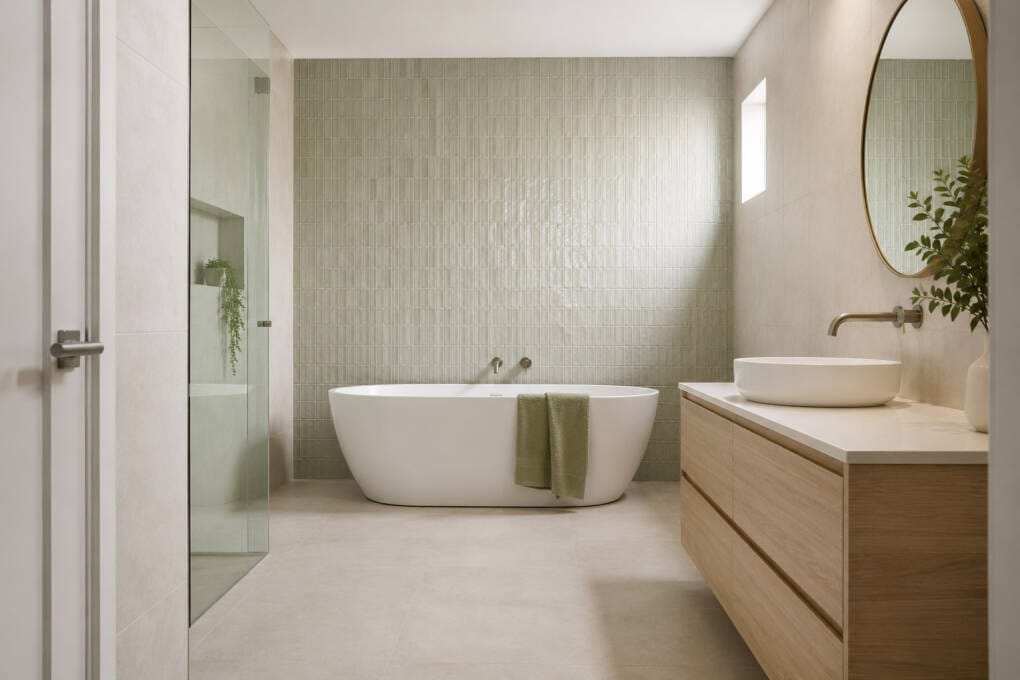 Feature tile wall positioned as the focal point opposite a bathroom entrance