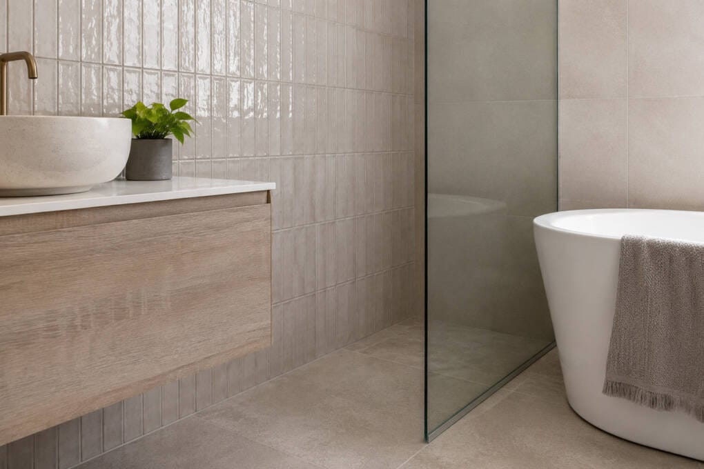 Coordinated feature tile, wall tile and matte floor tile combination
