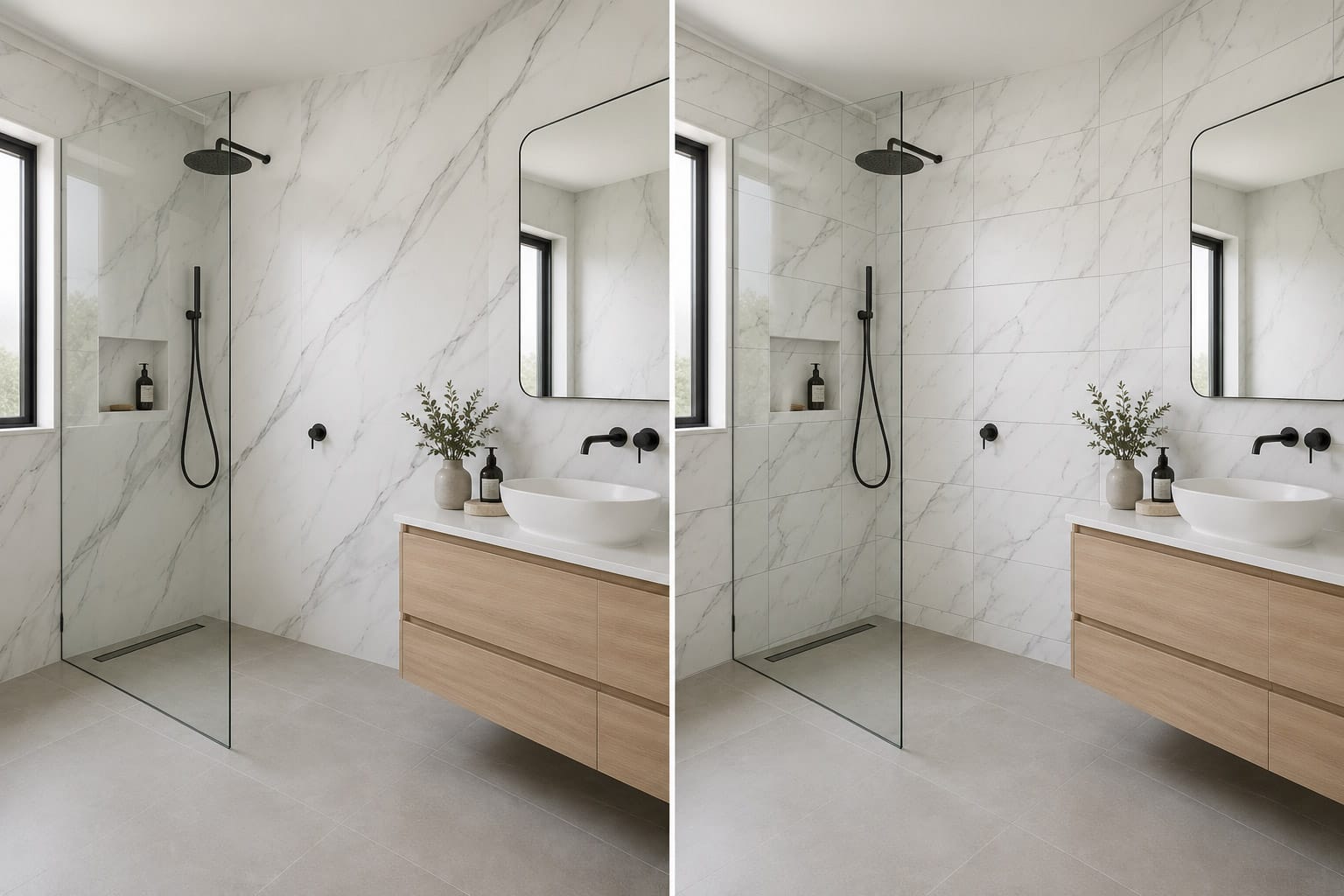 Wet wall panels compared with bathroom tiles in modern Perth bathrooms